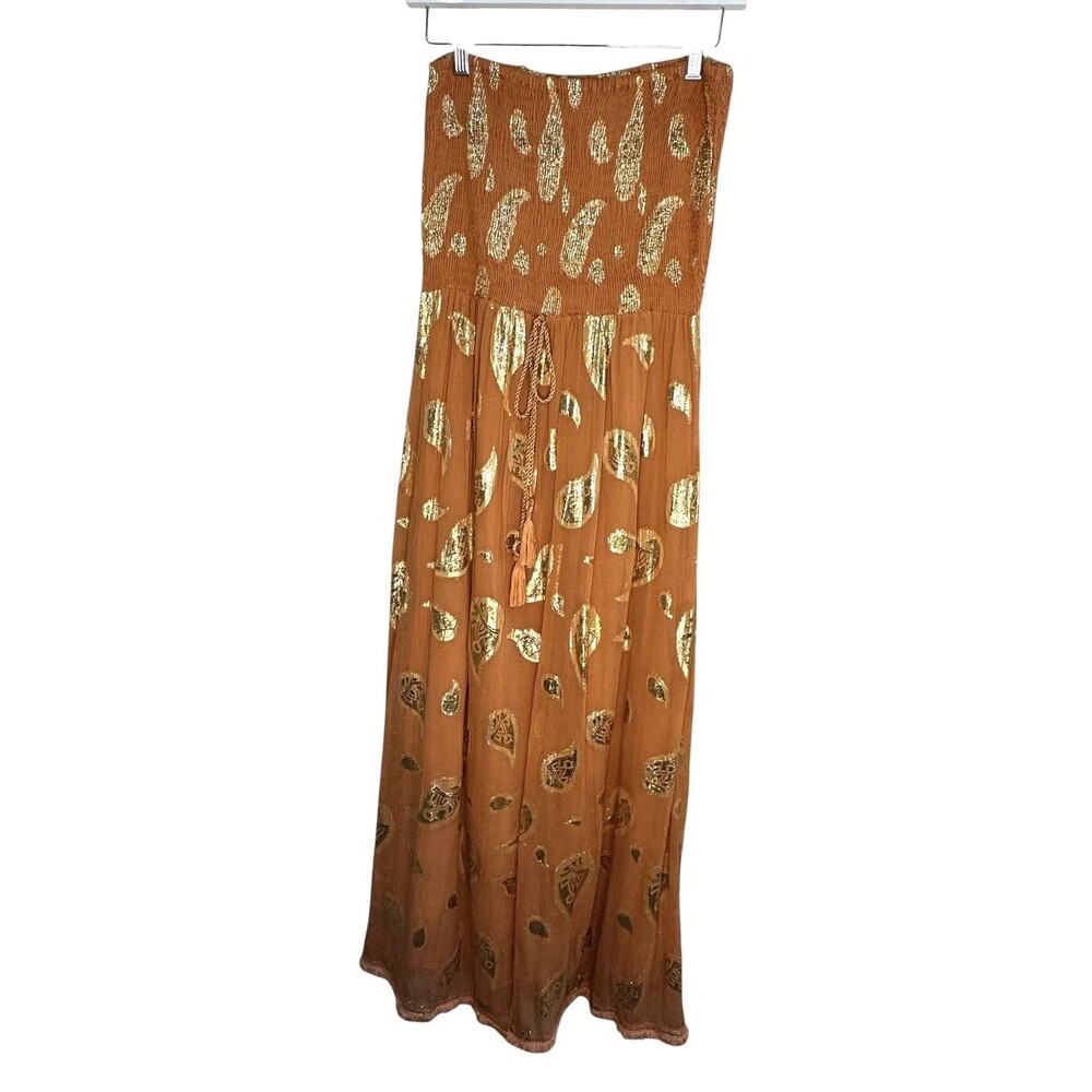 Z&L Europe Dress Womens Medium Orange Gold Paisley Strapless Smocked Maxi Boho